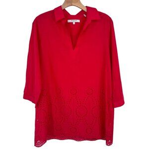 Foxcroft Red Tunic Top embroidered Eyelet Hem Size 10 Cotton popover